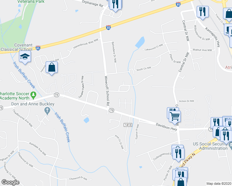 map of restaurants, bars, coffee shops, grocery stores, and more near 380 Winecoff Woods Drive Northwest in Concord