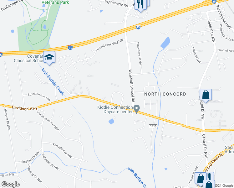 map of restaurants, bars, coffee shops, grocery stores, and more near 2869 Mountcrest Circle Northwest in Concord