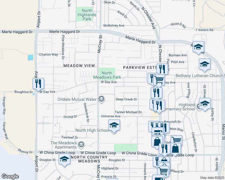 map of restaurants, bars, coffee shops, grocery stores, and more near 3203 Meadow Ridge Avenue in Bakersfield