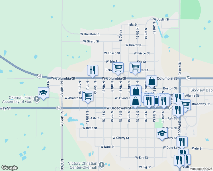 map of restaurants, bars, coffee shops, grocery stores, and more near 304 North 9th Street in Okemah