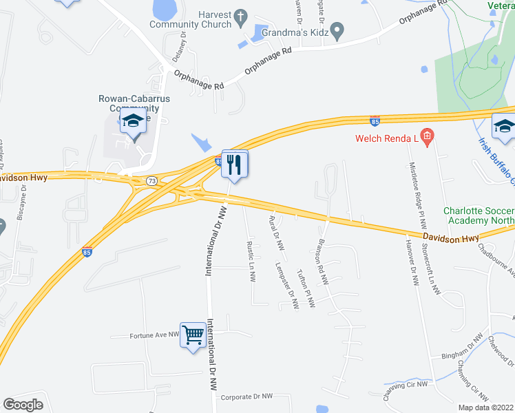 map of restaurants, bars, coffee shops, grocery stores, and more near 4211 Davidson Highway in Concord