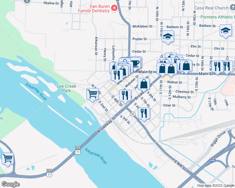 map of restaurants, bars, coffee shops, grocery stores, and more near 421 Webster Street in Van Buren