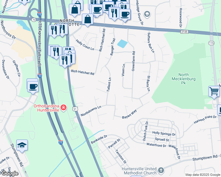 map of restaurants, bars, coffee shops, grocery stores, and more near 10209 Tallent Lane in Huntersville
