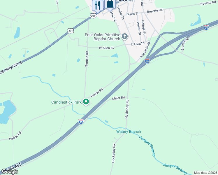 map of restaurants, bars, coffee shops, grocery stores, and more near 181 Parker Road in Four Oaks