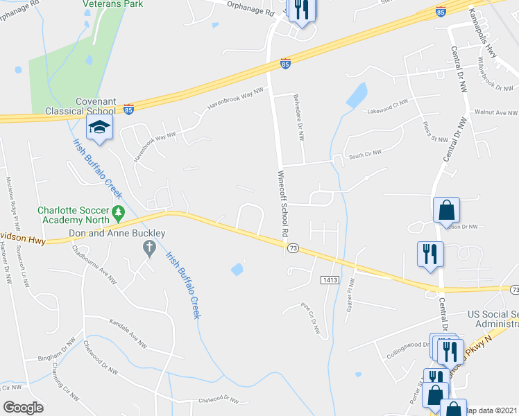 map of restaurants, bars, coffee shops, grocery stores, and more near 2877 Mountcrest Circle Northwest in Concord