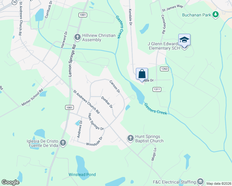 map of restaurants, bars, coffee shops, grocery stores, and more near 4121 Carson Drive in Sanford