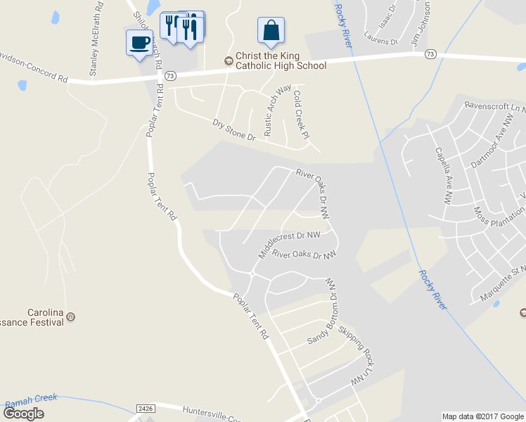 map of restaurants, bars, coffee shops, grocery stores, and more near 1416 Overlea Place Northwest in Concord
