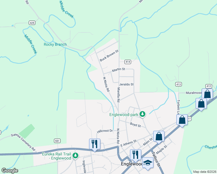 map of restaurants, bars, coffee shops, grocery stores, and more near 412 North Niota Road in Englewood