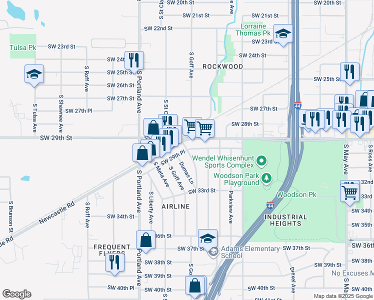 map of restaurants, bars, coffee shops, grocery stores, and more near SW 29th Pl & S Dumas Ave in Oklahoma City