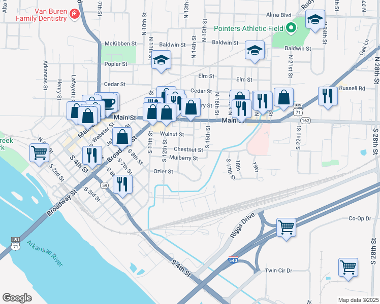 map of restaurants, bars, coffee shops, grocery stores, and more near 1304 Chestnut St in Van Buren