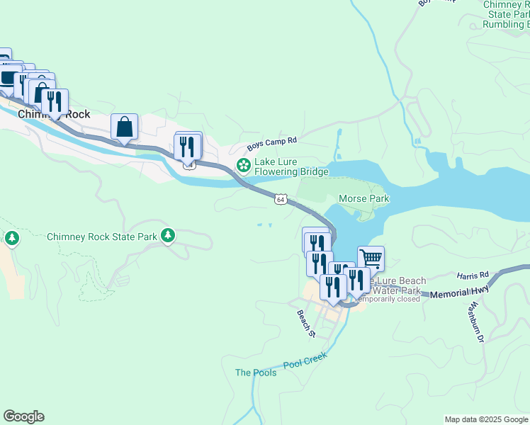 map of restaurants, bars, coffee shops, grocery stores, and more near 295 Chimney Cliff Drive in Lake Lure