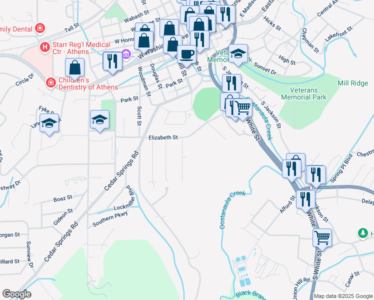 map of restaurants, bars, coffee shops, grocery stores, and more near 505 Charlotte Street in Athens
