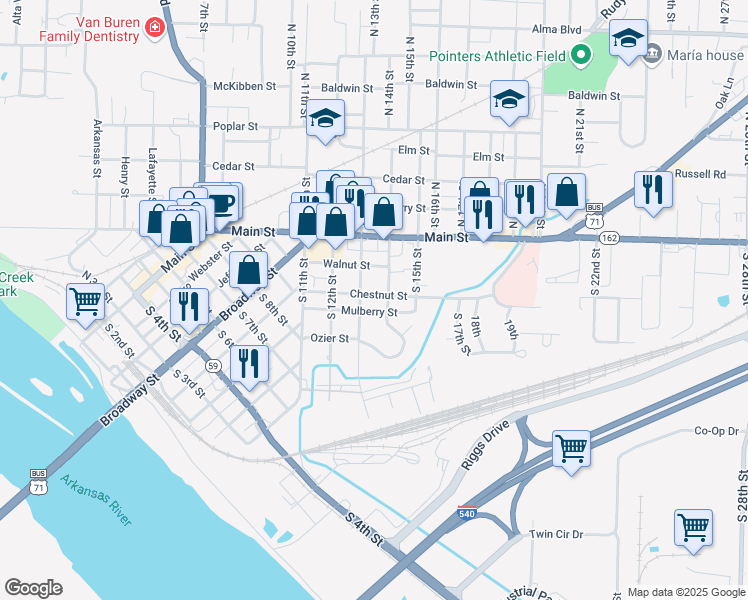 map of restaurants, bars, coffee shops, grocery stores, and more near 1304 Chestnut Street in Van Buren