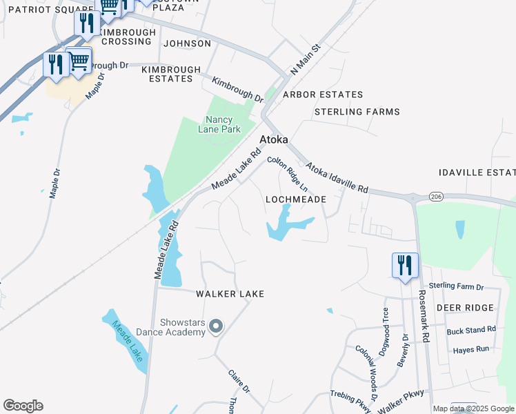 map of restaurants, bars, coffee shops, grocery stores, and more near 107 Waters Edge Cove in Atoka