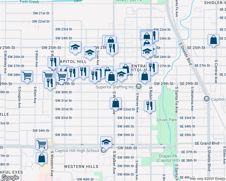 map of restaurants, bars, coffee shops, grocery stores, and more near 3015 South Walker Avenue in Oklahoma City