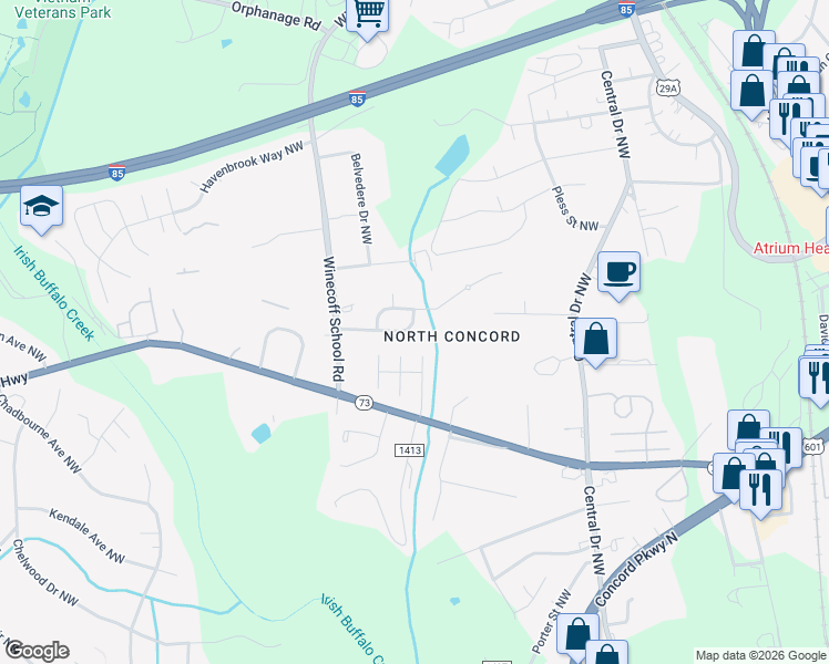 map of restaurants, bars, coffee shops, grocery stores, and more near 424 Winecoff Woods Drive Northwest in Concord