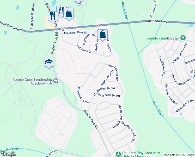 map of restaurants, bars, coffee shops, grocery stores, and more near 1417 Overlea Place Northwest in Concord