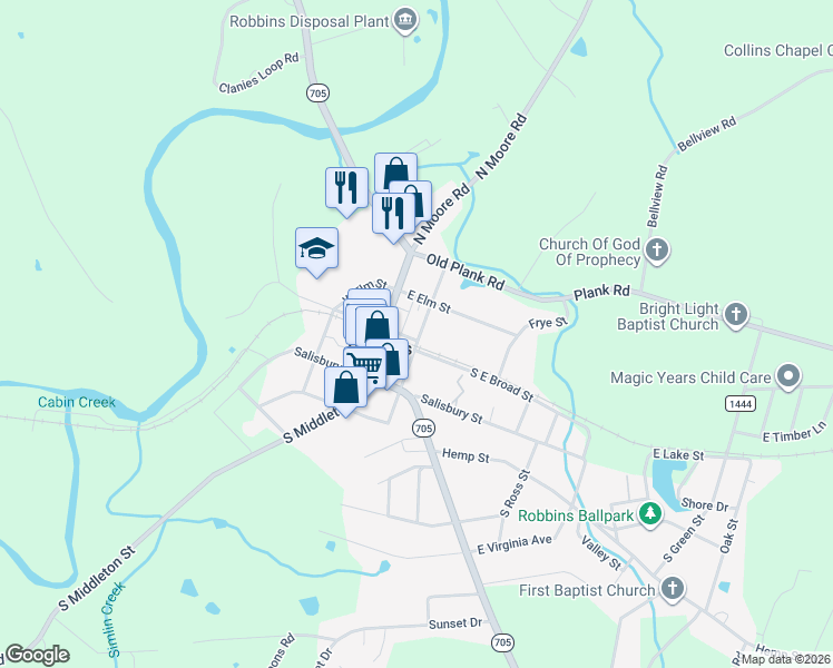 map of restaurants, bars, coffee shops, grocery stores, and more near 101 North Rockingham Street in Robbins