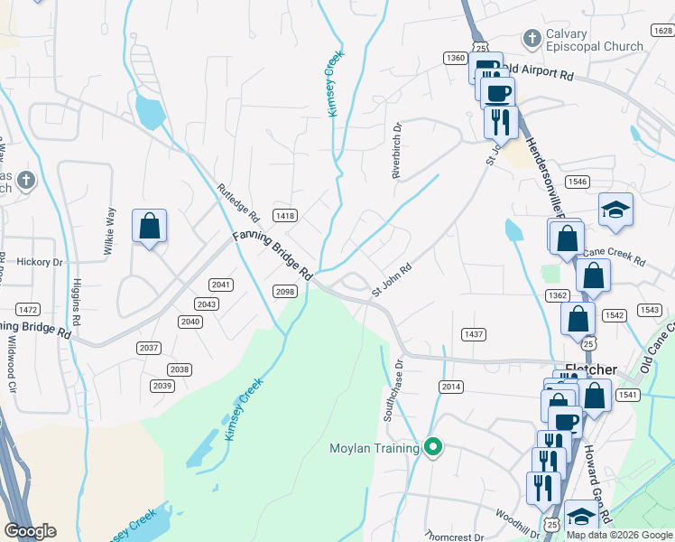 map of restaurants, bars, coffee shops, grocery stores, and more near 124 Grove End Road in Fletcher