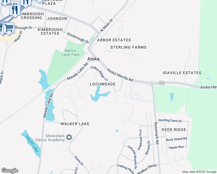 map of restaurants, bars, coffee shops, grocery stores, and more near 38 Thornhill Cove in Atoka