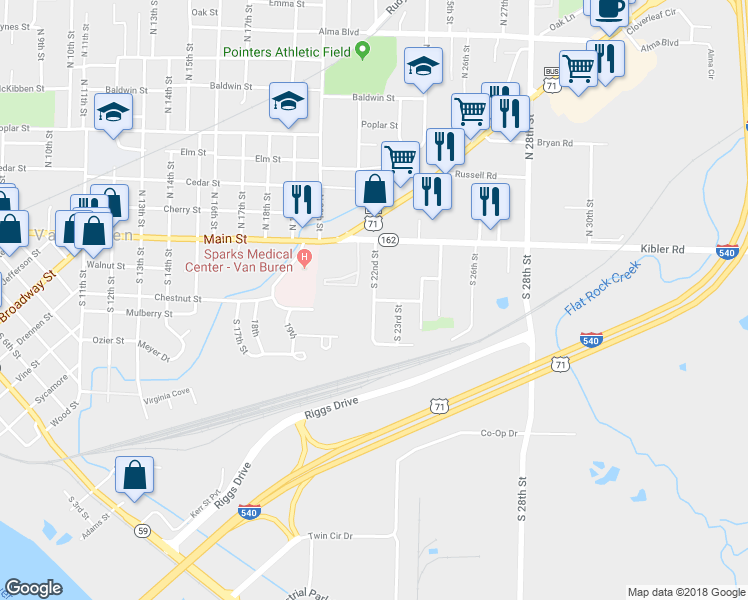 map of restaurants, bars, coffee shops, grocery stores, and more near 2201 Jordan Street in Van Buren
