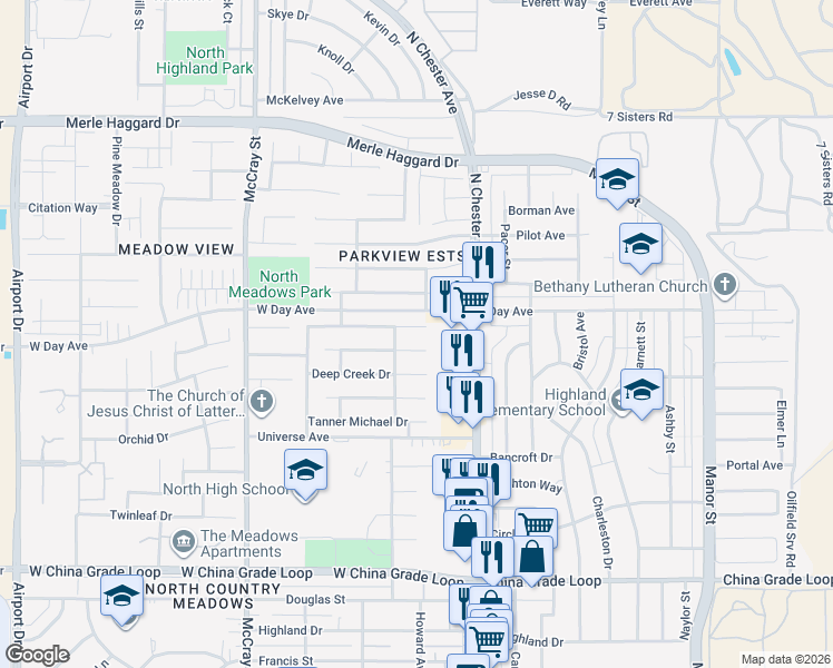 map of restaurants, bars, coffee shops, grocery stores, and more near 243 Bighorn Meadow Drive in Bakersfield