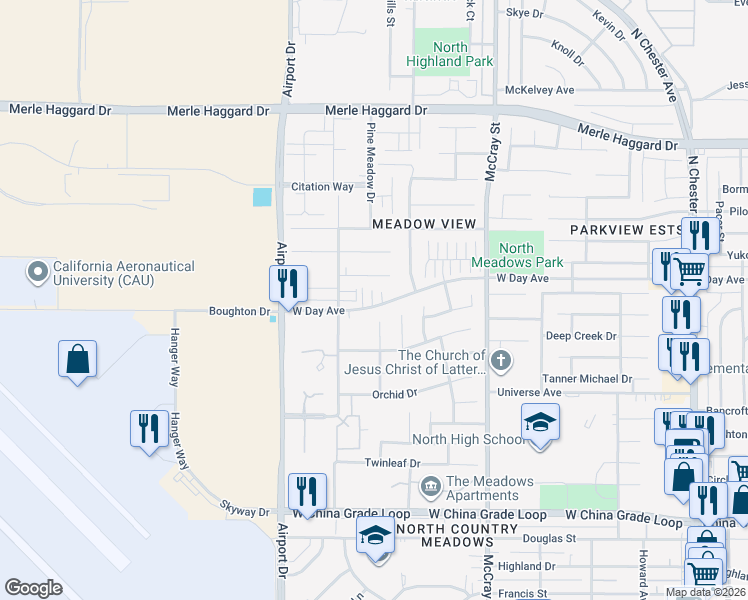 map of restaurants, bars, coffee shops, grocery stores, and more near 702 West Day Avenue in Bakersfield