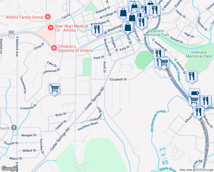 map of restaurants, bars, coffee shops, grocery stores, and more near 501 Long Mill Road in Athens