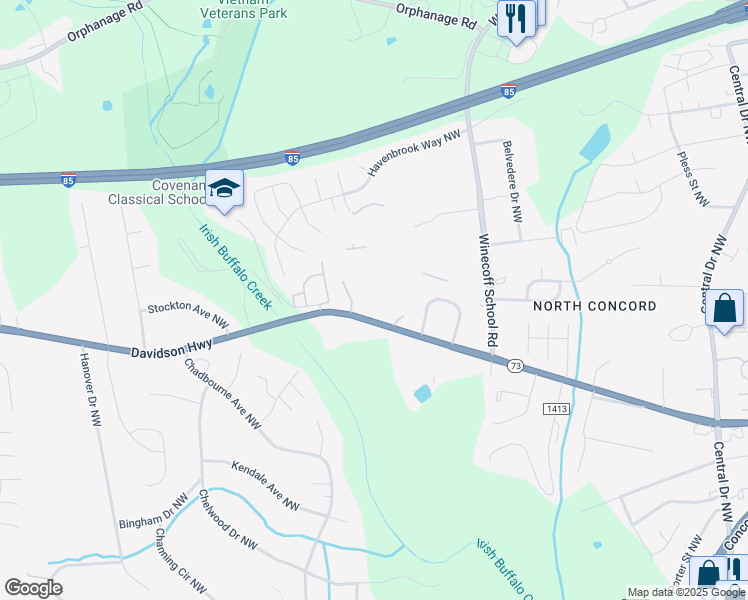 map of restaurants, bars, coffee shops, grocery stores, and more near 3140 Chapwin Circle Northwest in Concord