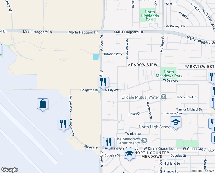 map of restaurants, bars, coffee shops, grocery stores, and more near 3127 Alhambra Meadow Court in Bakersfield