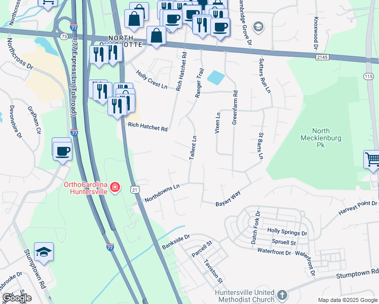 map of restaurants, bars, coffee shops, grocery stores, and more near 10209 Tallent Lane in Huntersville