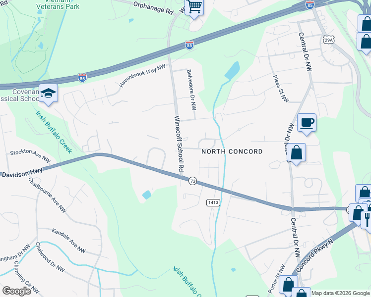 map of restaurants, bars, coffee shops, grocery stores, and more near 359 Winecoff Woods Drive Northwest in Concord