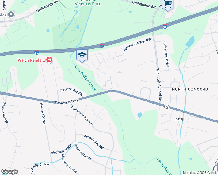 map of restaurants, bars, coffee shops, grocery stores, and more near 3105 Patrick Henry Drive Northwest in Concord