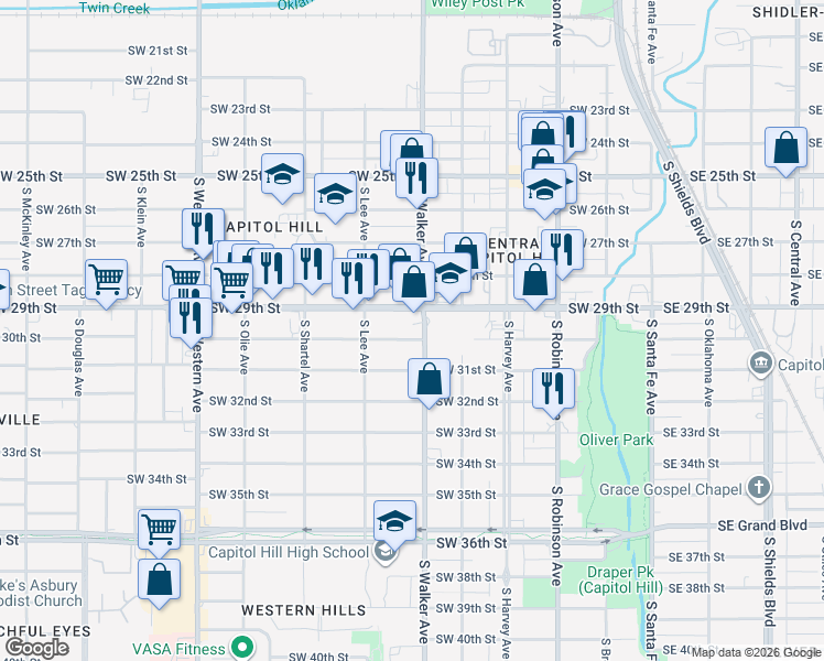 map of restaurants, bars, coffee shops, grocery stores, and more near 505 Southwest 30th Street in Oklahoma City