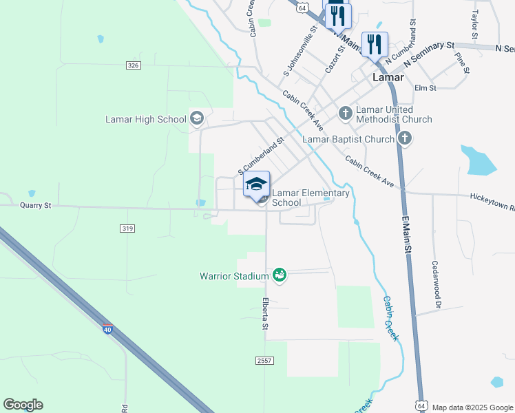 map of restaurants, bars, coffee shops, grocery stores, and more near 301 Elberta Street in Lamar
