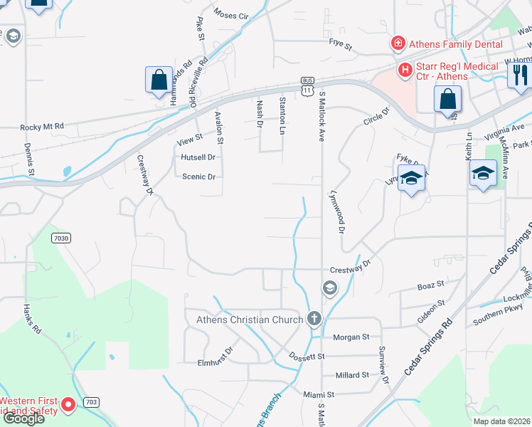 map of restaurants, bars, coffee shops, grocery stores, and more near 1340 English Ln in Athens