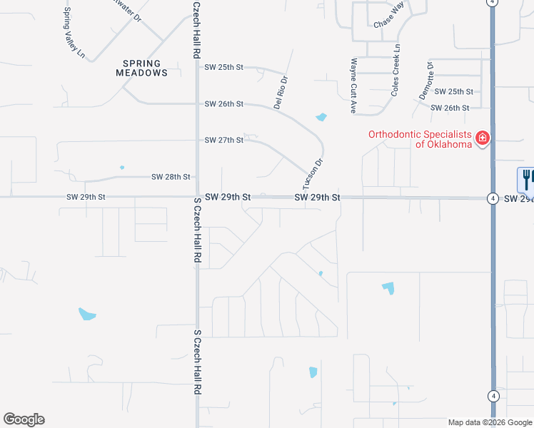 map of restaurants, bars, coffee shops, grocery stores, and more near 11900-12112 Southwest 29th Street in Yukon