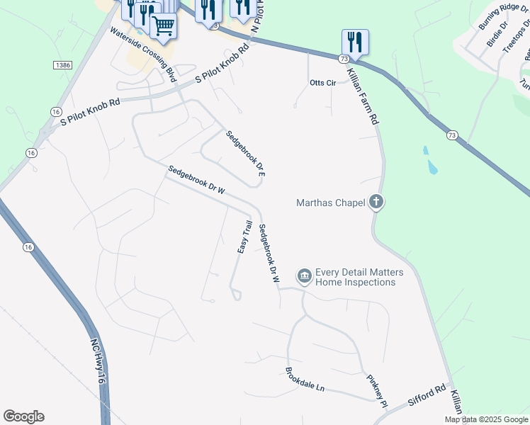 map of restaurants, bars, coffee shops, grocery stores, and more near 7200 Sedgebrook Drive West in Stanley