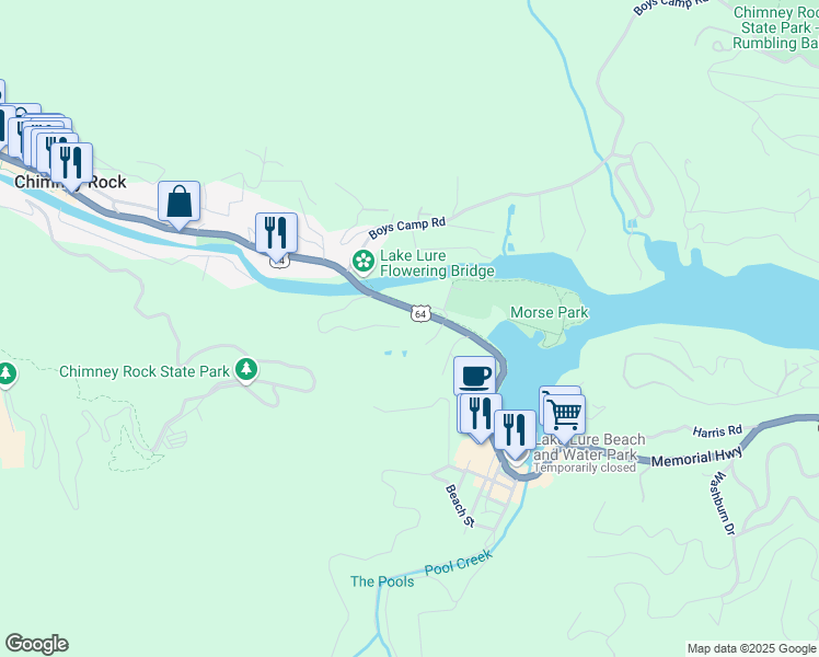 map of restaurants, bars, coffee shops, grocery stores, and more near 295 Chimney Cliff Drive in Lake Lure