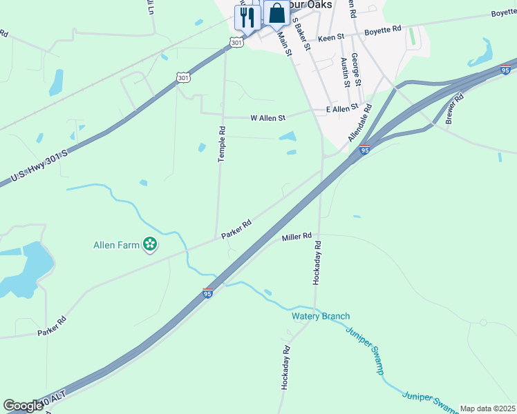 map of restaurants, bars, coffee shops, grocery stores, and more near 216 Parker Road in Four Oaks