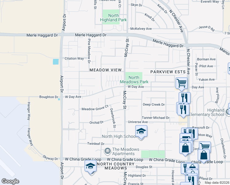 map of restaurants, bars, coffee shops, grocery stores, and more near 3004 Cherry Laurel Street in Bakersfield