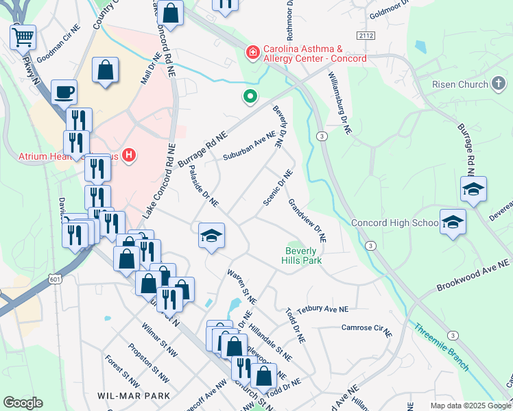 map of restaurants, bars, coffee shops, grocery stores, and more near 169 Scenic Drive Northeast in Concord
