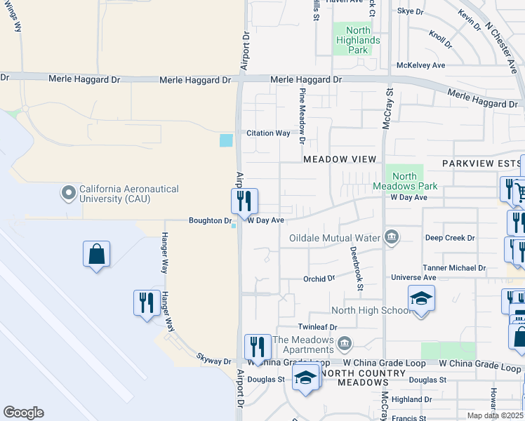 map of restaurants, bars, coffee shops, grocery stores, and more near 719 West Day Avenue in Bakersfield