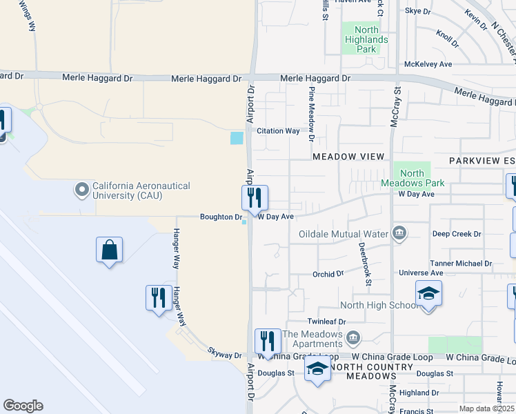 map of restaurants, bars, coffee shops, grocery stores, and more near 3115 Alhambra Meadow Court in Bakersfield