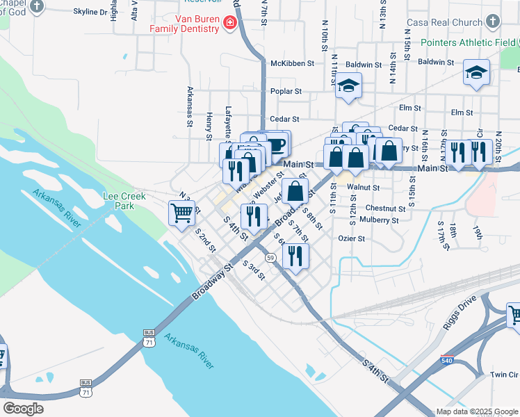 map of restaurants, bars, coffee shops, grocery stores, and more near 611 Jefferson Street in Van Buren