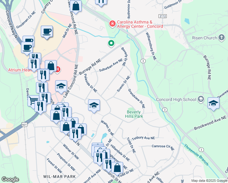 map of restaurants, bars, coffee shops, grocery stores, and more near 169 Scenic Drive Northeast in Concord