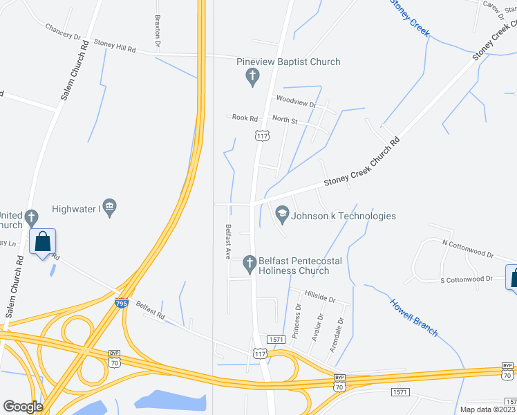 map of restaurants, bars, coffee shops, grocery stores, and more near 268 Stoney Creek Church Road in Goldsboro