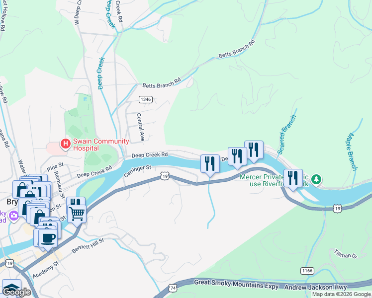 map of restaurants, bars, coffee shops, grocery stores, and more near 864 Old River Road in Bryson City