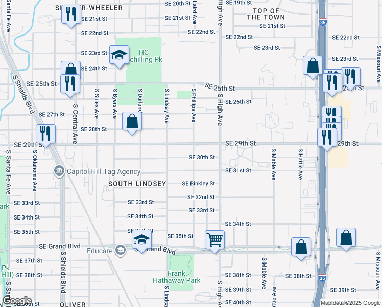 map of restaurants, bars, coffee shops, grocery stores, and more near 3009 South Phillips Avenue in Oklahoma City