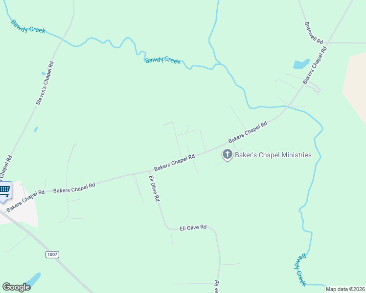 map of restaurants, bars, coffee shops, grocery stores, and more near 2600 Bakers Chapel Road in Smithfield